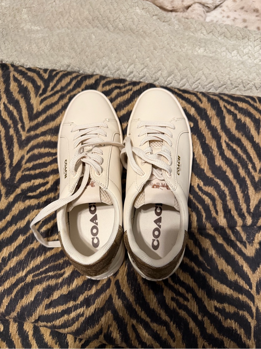 Coach Cream Low-Top Leather Sneakers with Brown Heel Accent